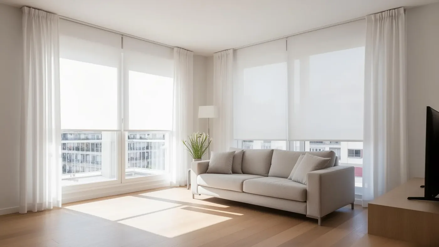 Cortinas roller en un living luminoso